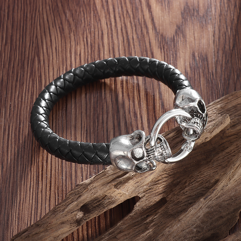 Gothic Skull Ring - Мужской кожаный браслет с двойным черепом,